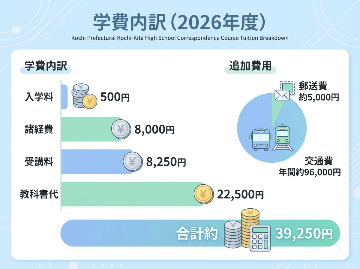 高知県立高知北高等学校(通信制)の2026年度学費内訳。入学料500円、諸経費8,000円、受講料8,250円、教科書代22,500円の合計約39,250円と、別途かかる交通費・郵送費を図解