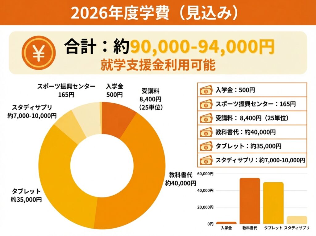 2026年度学費(見込み)を示すインフォグラフィック。入学金500円、スポーツ振興センター165円、受講料8,400円(25単位)、教科書代約40,000円、タブレット約35,000円、スタディサプリ約7,000-10,000円で合計約90,000-94,000円、就学支援金利用可能という情報がオレンジとイエローのカラーで表示されている
