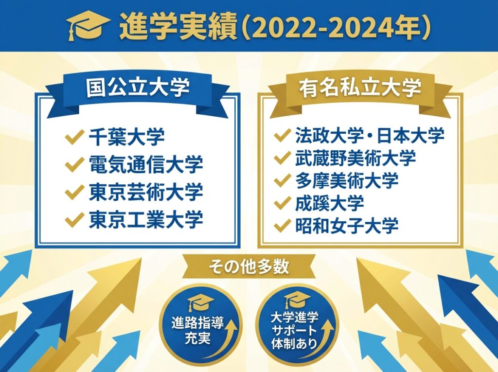 進学実績(2022-2024年)を示すインフォグラフィック。国公立大学として千葉大学・電気通信大学・東京芸術大学・東京工業大学、有名私立大学として法政大学・日本大学・武蔵野美術大学・多摩美術大学・成蹊大学・昭和女子大学などがあり、進路指導充実、大学進学サポート体制ありという情報がブルーとゴールドのカラーで表示されている