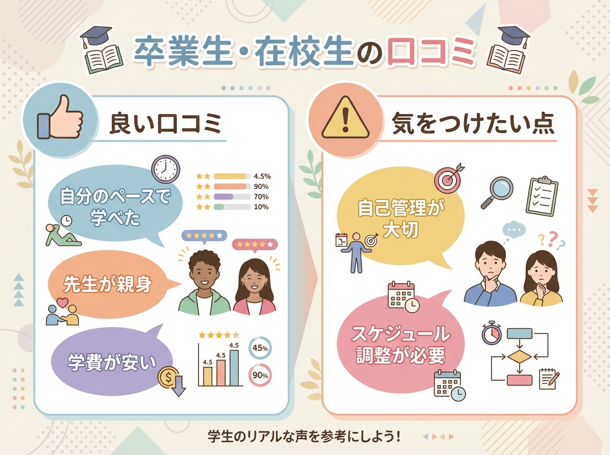 岐阜県立華陽フロンティア高等学校の卒業生・在校生の口コミを示すインフォグラフィック。左側に良い口コミとして「自分のペースで学べた」「先生が親身」「学費が安い」などが吹き出しで表示され、右側に気をつけたい点として「自己管理が大切」「スケジュール調整が必要」が注意アイコンとともに示されている。星評価アイコンと笑顔の学生のイラストが配置されている