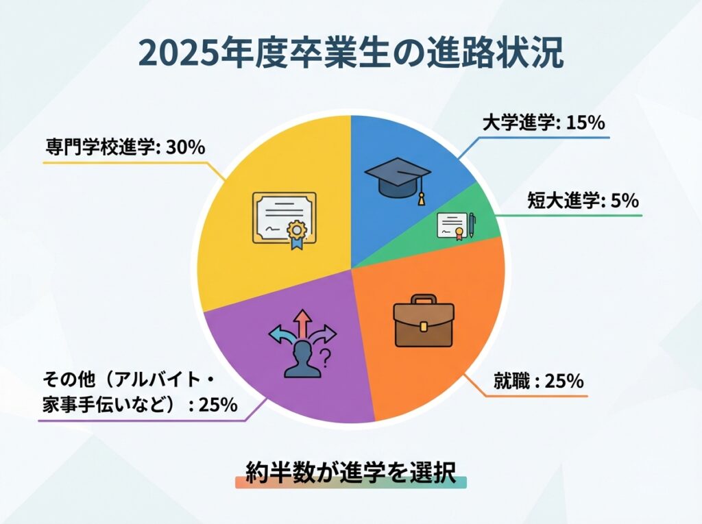 埼玉県立大宮中央高等学校の2025年度卒業生の進路を示す円グラフ。大学進学15%、短大進学5%、専門学校進学30%、就職25%、その他25%と、約半数が進学を選択していることが視覚的に示されている
