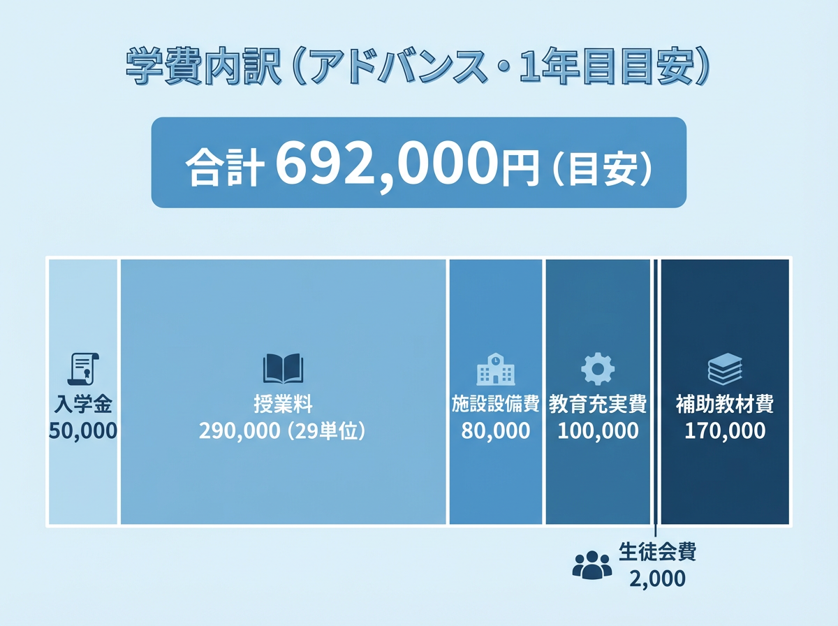 アドバンスクラスの学費内訳（入学金・授業料・施設設備費・教育充実費・生徒会費・補助教材費）と合計目安を可視化した青系インフォグラフィック