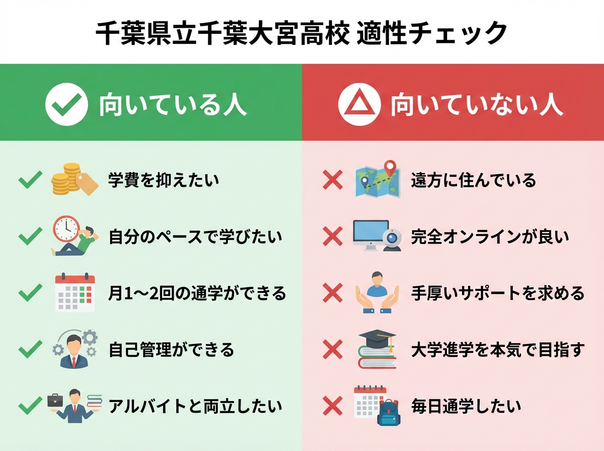 千葉県立千葉大宮高校の適性チェックインフォグラフィック。向いている人（学費を抑えたい、自己管理ができるなど）と向いていない人（遠方居住、完全オンライン希望など）をチェックリスト形式で緑と赤の配色で比較