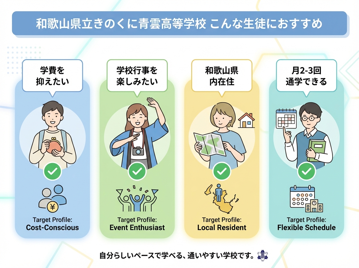 和歌山県立きのくに青雲高等学校におすすめの生徒:学費を抑えたい・学校行事を楽しみたい・和歌山県内在住・月2-3回通学できる生徒を示すインフォグラフィック