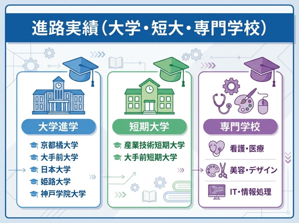 兵庫県立青雲高等学校の進路実績を示すインフォグラフィック。大学、短期大学、専門学校への進学実績を表示