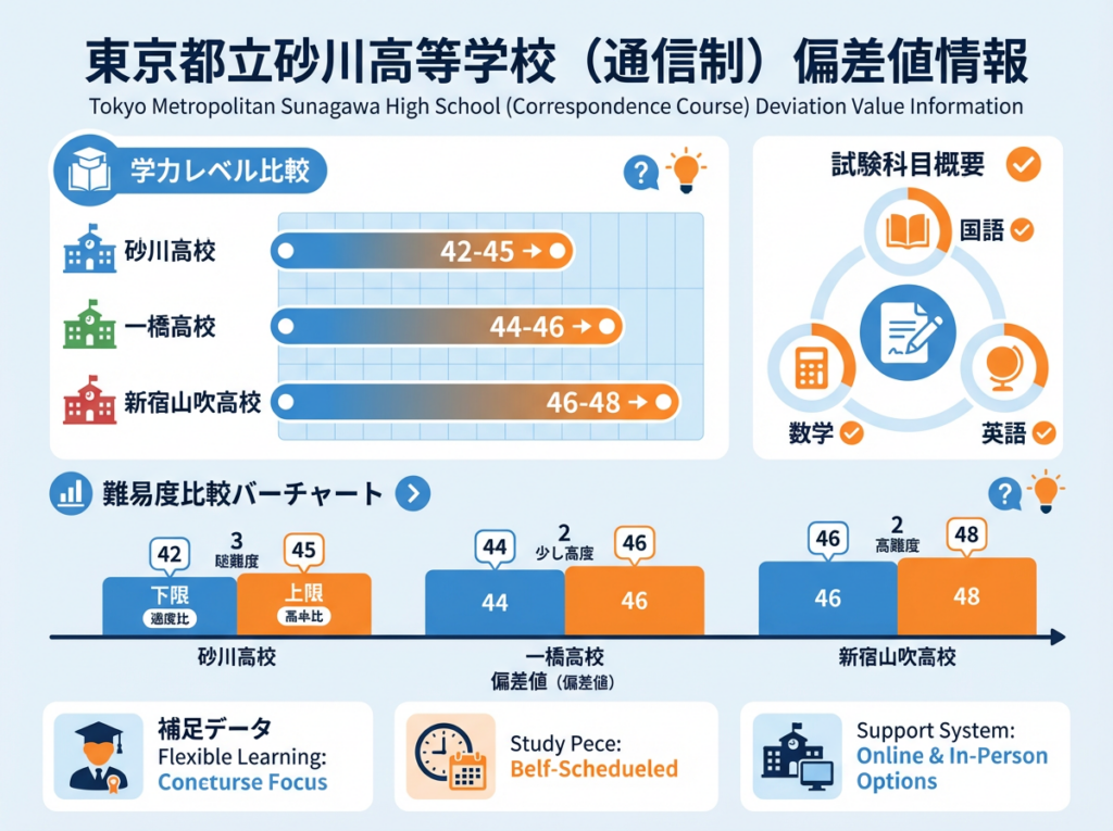 東京都立砂川高等学校（通信制）の偏差値42-45を他の都立通信制高校（一橋高校44-46、新宿山吹高校46-48）と比較したフラットデザインのインフォグラフィック。入試科目（国語・数学・英語）と難易度を棒グラフで視覚化。
