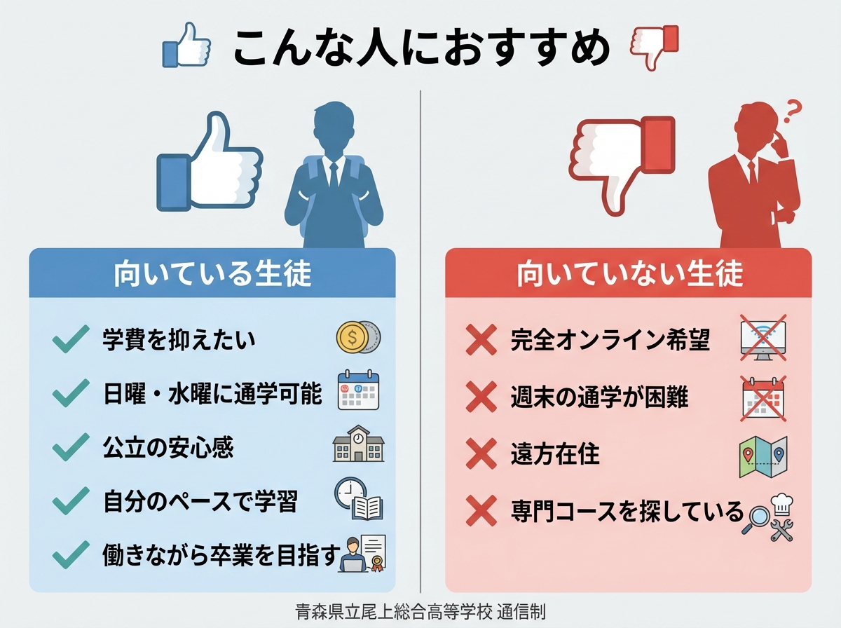 青森県立尾上総合高等学校通信制に向いている生徒と向いていない生徒を比較するインフォグラフィック。向いている生徒:学費を抑えたい、日曜・水曜に通学可能、公立の安心感、自分のペースで学習、働きながら卒業を目指す。向いていない生徒:完全オンライン希望、週末の通学が困難、遠方在住、専門コースを探している。
