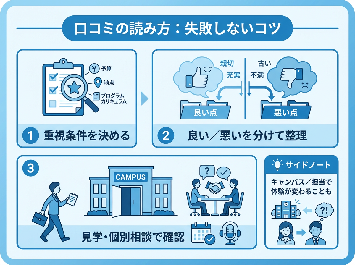 口コミを見るときの手順として「重視条件を決める→良い/悪いを分けて整理→見学・個別相談で確認」を3ステップで示し、キャンパスや担当で体験が変わる点も注意喚起する青系フラット図解。