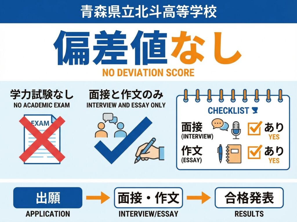 alt文: 青森県立北斗高等学校の偏差値情報を示すインフォグラフィック。偏差値なし、学力試験なし、面接と作文のみの入試内容を図解で説明

