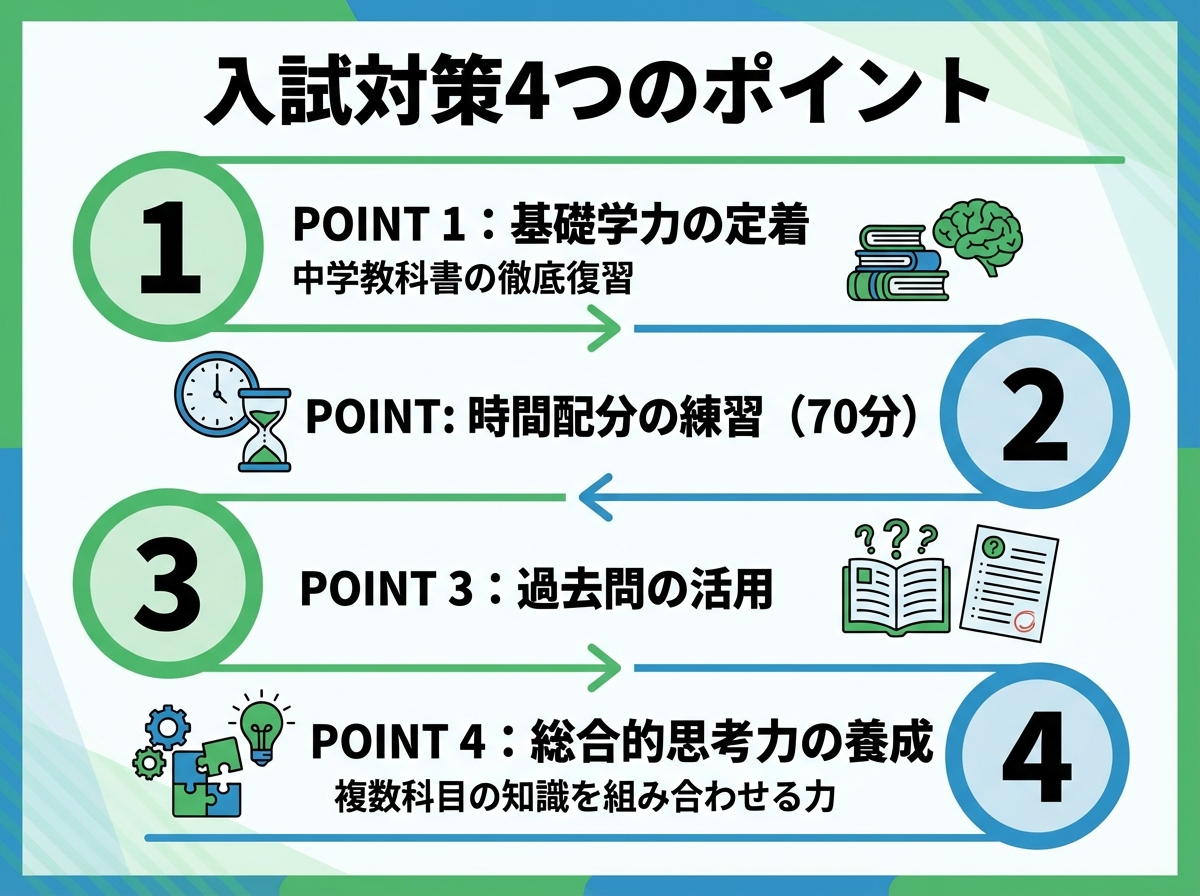 入試対策4つのポイントを示すインフォグラフィック。POINT 1基礎学力の定着、POINT 2時間配分の練習(70分)、POINT 3過去問の活用、POINT 4総合的思考力の養成、複数科目の知識を組み合わせる力と中学教科書の徹底復習が重要とグリーンとブルーのカラーで表示されている