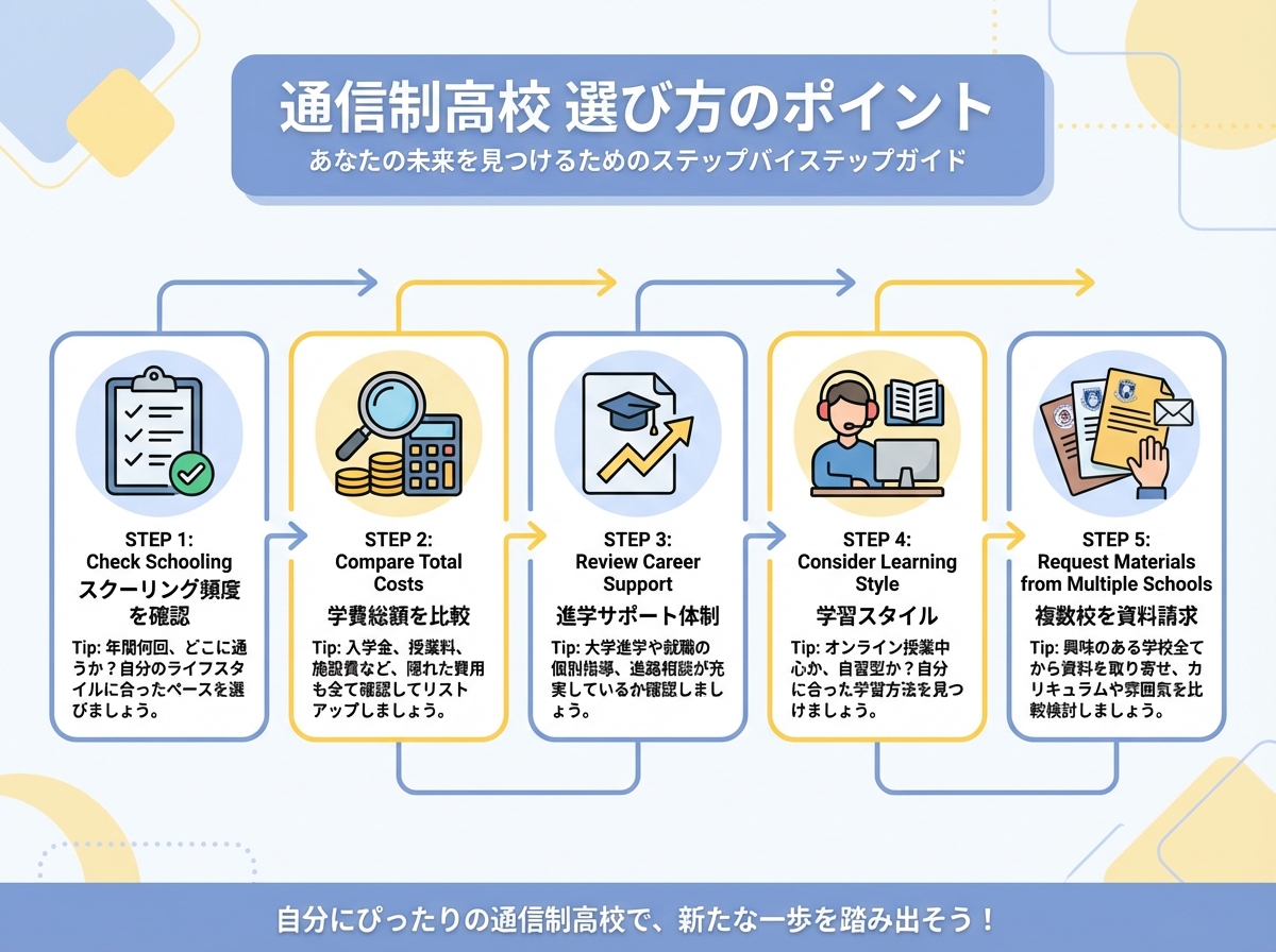 通信制高校の選び方5つのポイント:スクーリング頻度確認・学費総額比較・進学サポート体制・学習スタイル・複数校資料請求を示すインフォグラフィック