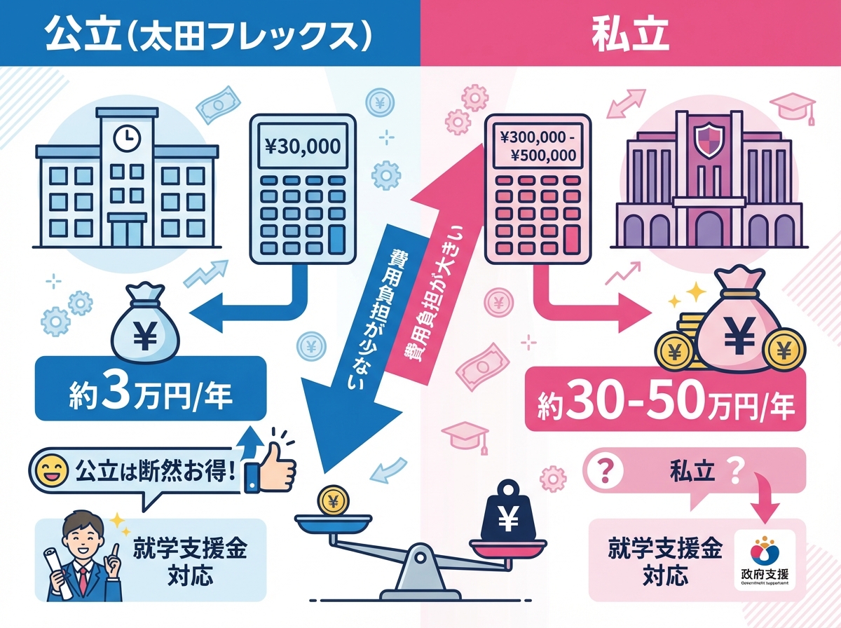 公立通信制高校（太田フレックス）と私立通信制高校の学費比較インフォグラフィック。公立約3万円/年と私立約30〜50万円/年の大きな差額を視覚的に表現し、公立は断然お得という情報を強調。