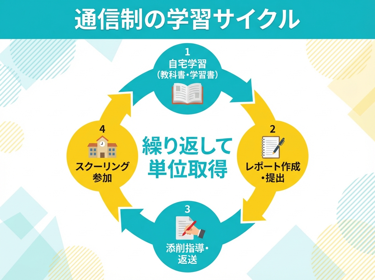 通信制高校の学習サイクルを示す循環図。自宅学習、レポート作成、添削指導、スクーリングの4段階を矢印でつないだ図解