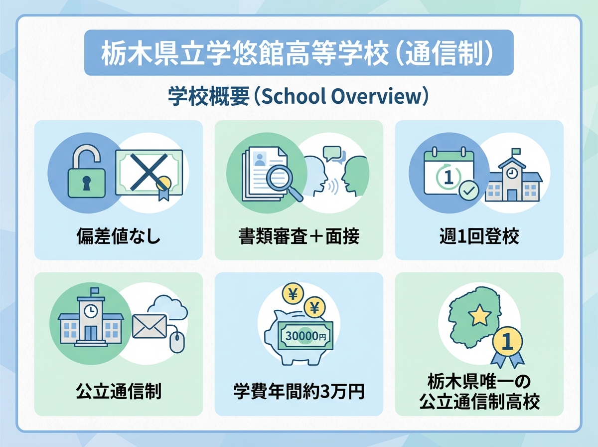 栃木県立学悠館高等学校(通信制)の概要を示すインフォグラフィック。偏差値なし、書類審査と面接、週1回登校、公立通信制、学費年間約3万円、栃木県唯一の公立通信制高校という特徴をアイコンで表示。