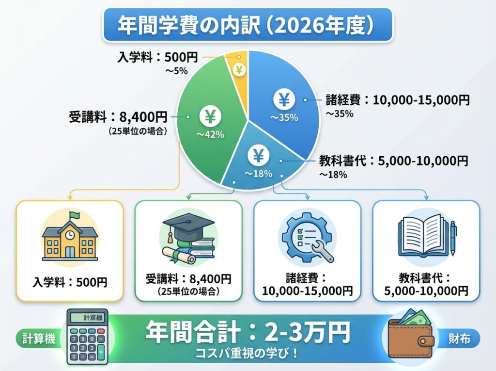 兵庫県立青雲高等学校の2026年度年間学費の内訳を示すインフォグラフィック。入学料500円、受講料8400円、諸経費、教科書代を含めた年間合計2-3万円