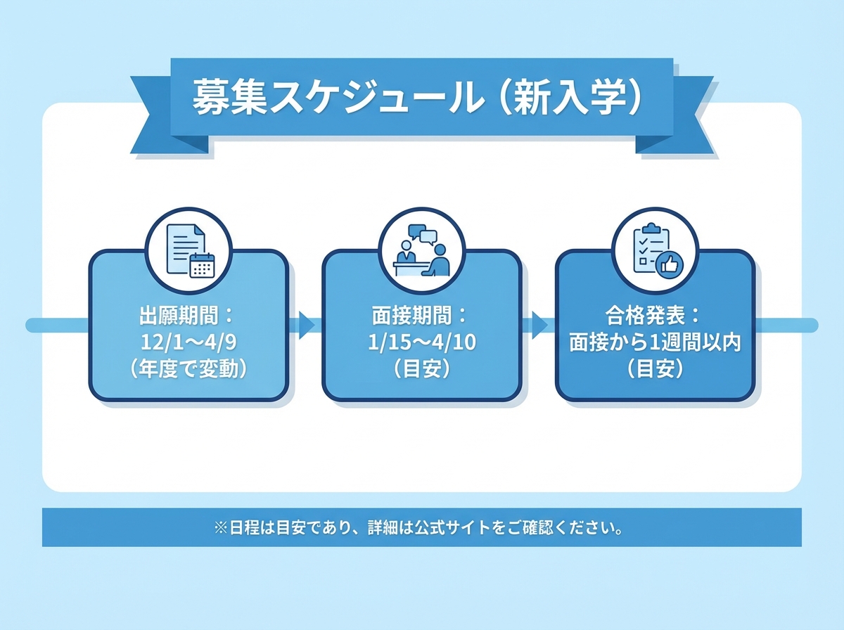 新入学の出願期間・面接期間・合格発表の目安を横型タイムラインでまとめた青系フラットデザイン図
