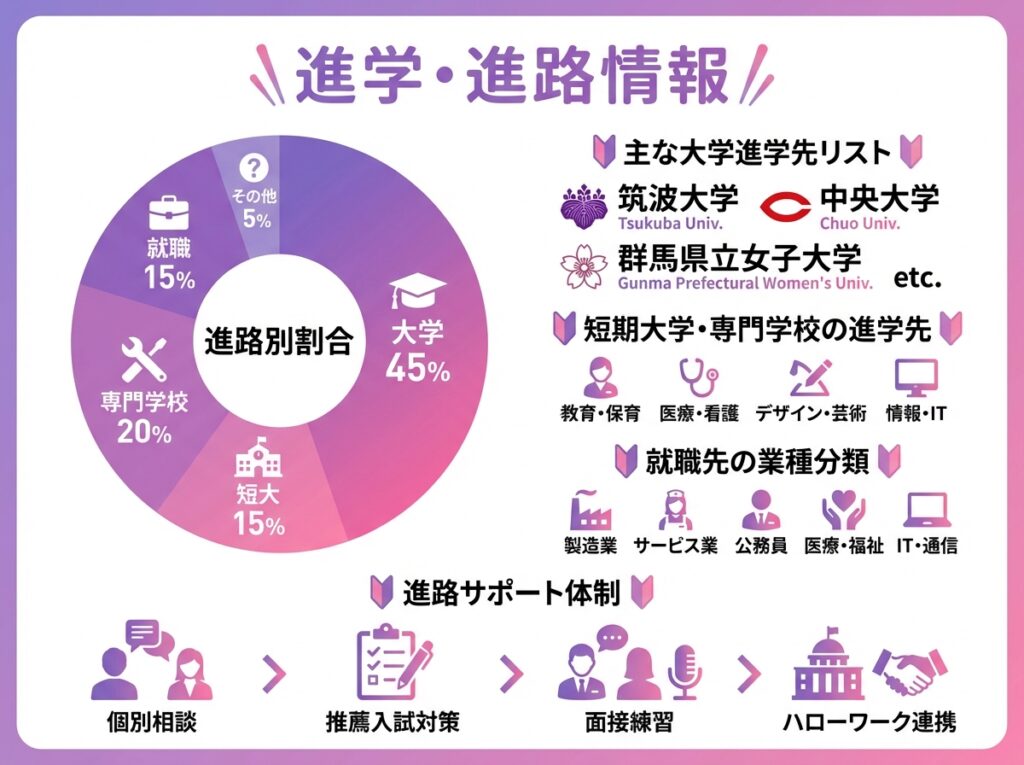 群馬県立高崎高等学校(通信制)の進学・進路情報インフォグラフィック。進路別割合の円グラフ、主な大学進学先リスト(筑波大学、中央大学、群馬県立女子大学など)、短期大学・専門学校の進学先、就職先の業種分類、進路サポート体制を紫とピンクの配色で表示