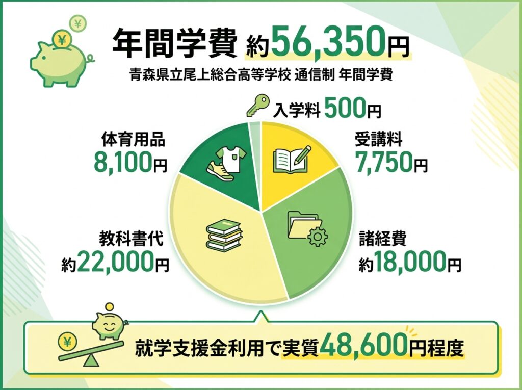 青森県立尾上総合高等学校通信制の年間学費約56,350円の内訳を示すインフォグラフィック。入学料500円、受講料7,750円、諸経費約18,000円、教科書代約22,000円、体育用品8,100円の詳細と、就学支援金利用で実質48,600円程度になることを説明。

