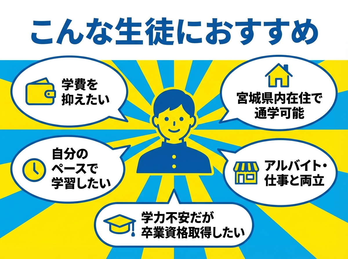 宮城県美田園高等学校がおすすめの生徒像。学費を抑えたい、宮城県内在住で通学可能、自分のペースで学習したい、アルバイト・仕事と両立したい、学力不安だが卒業資格取得したいという5つの特徴を図示