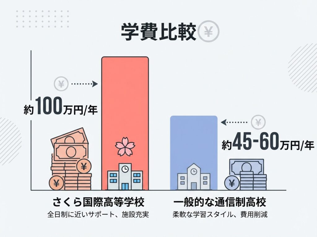 さくら国際高等学校と一般的な通信制高校の学費比較インフォグラフィック。さくら国際約100万円、一般通信制45-60万円の比較をグラフで表示