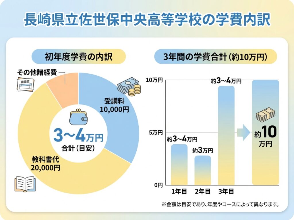 長崎県立佐世保中央高等学校通信制の学費内訳を示すインフォグラフィック。受講料1万円、教科書代2万円、3年間合計10万円程度の費用を図解