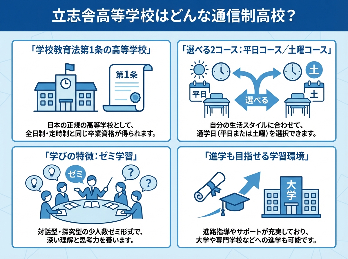 立志舎高等学校が「学校教育法第1条の高等学校」である点、平日コース/土曜コースの2コース、ゼミ学習、進学も目指せる学習環境を、アイコン付きで整理した青系フラットデザイン図