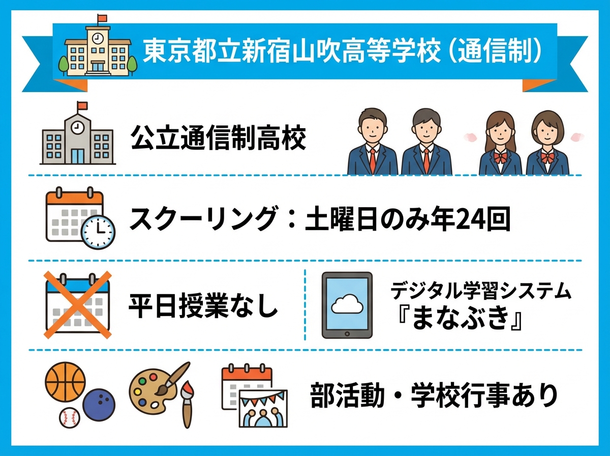 東京都立新宿山吹高等学校(通信制)の基本情報を示すフラットデザインのインフォグラフィック。公立通信制高校、スクーリングは土曜日のみ年24回、平日授業なし、デジタル学習システム「まなぶき」、部活動・学校行事ありの情報が青とオレンジのカラースキームで表示されている