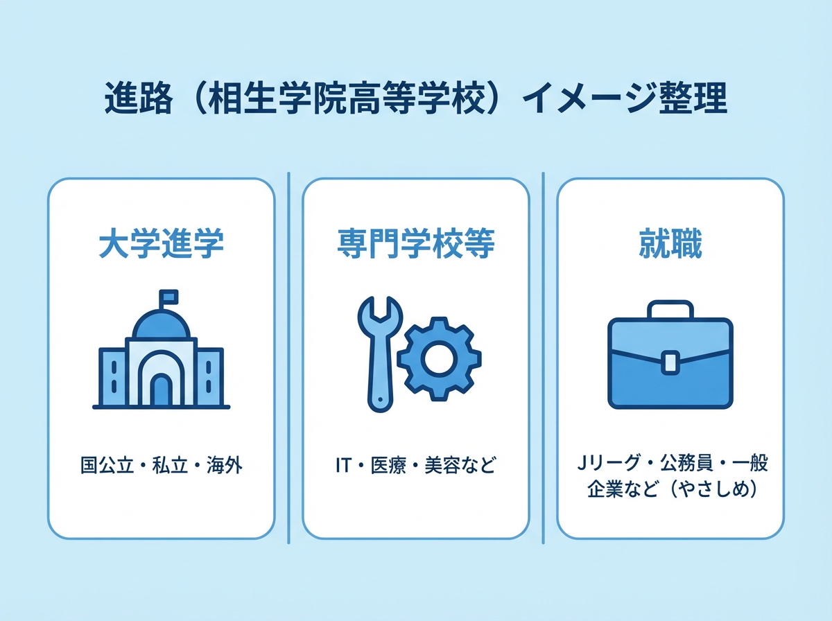 相生学院高等学校の進路を「大学進学」「専門学校等」「就職」の3列で整理し、分野例をやさしい文で添えた図