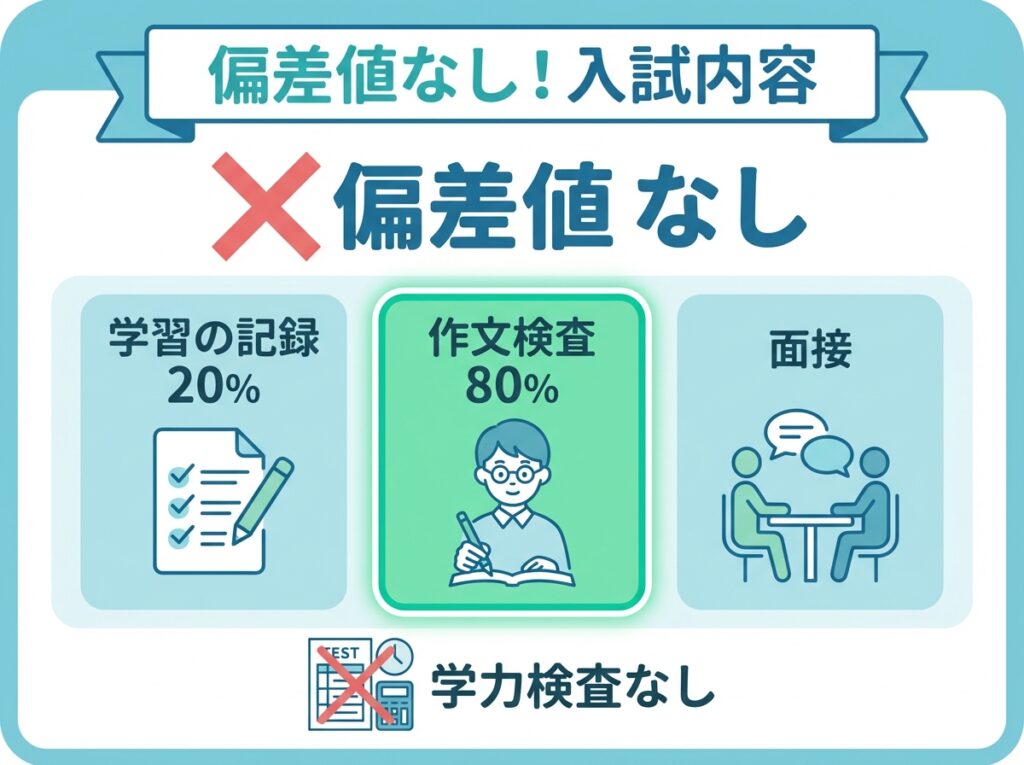 神奈川県立厚木清南高等学校通信制の入試システム。偏差値なし、学習の記録20%、作文検査80%、面接の配点割合を示すインフォグラフィック