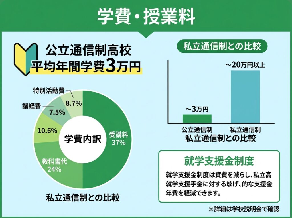 群馬県立高崎高等学校(通信制)の学費・授業料インフォグラフィック。公立通信制高校の平均年間学費3万円、学費内訳の円グラフ、私立通信制との比較、就学支援金制度の説明を緑と水色の安心感ある配色で表示