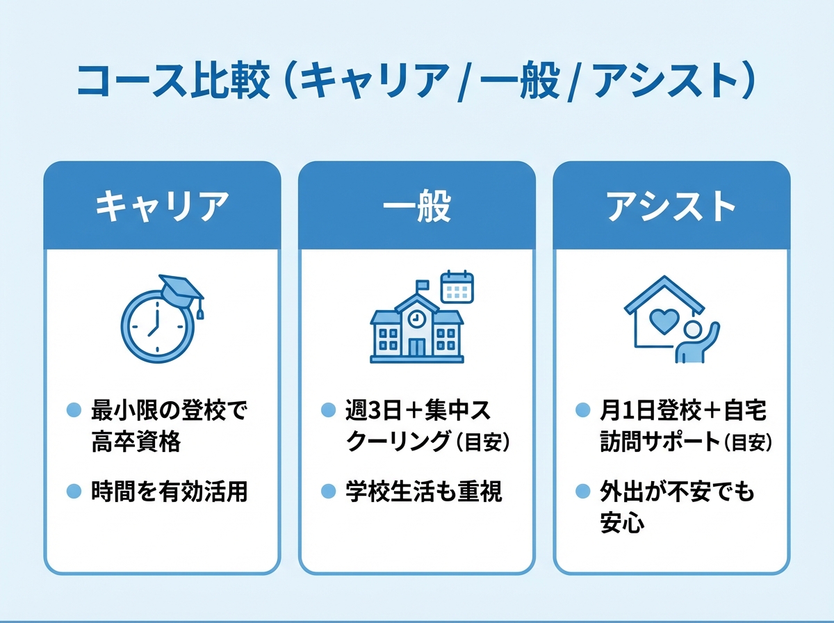 キャリア・一般・アシストの3コースを3カラムで比較し、通い方と特徴を短文で整理した青系フラットデザイン図