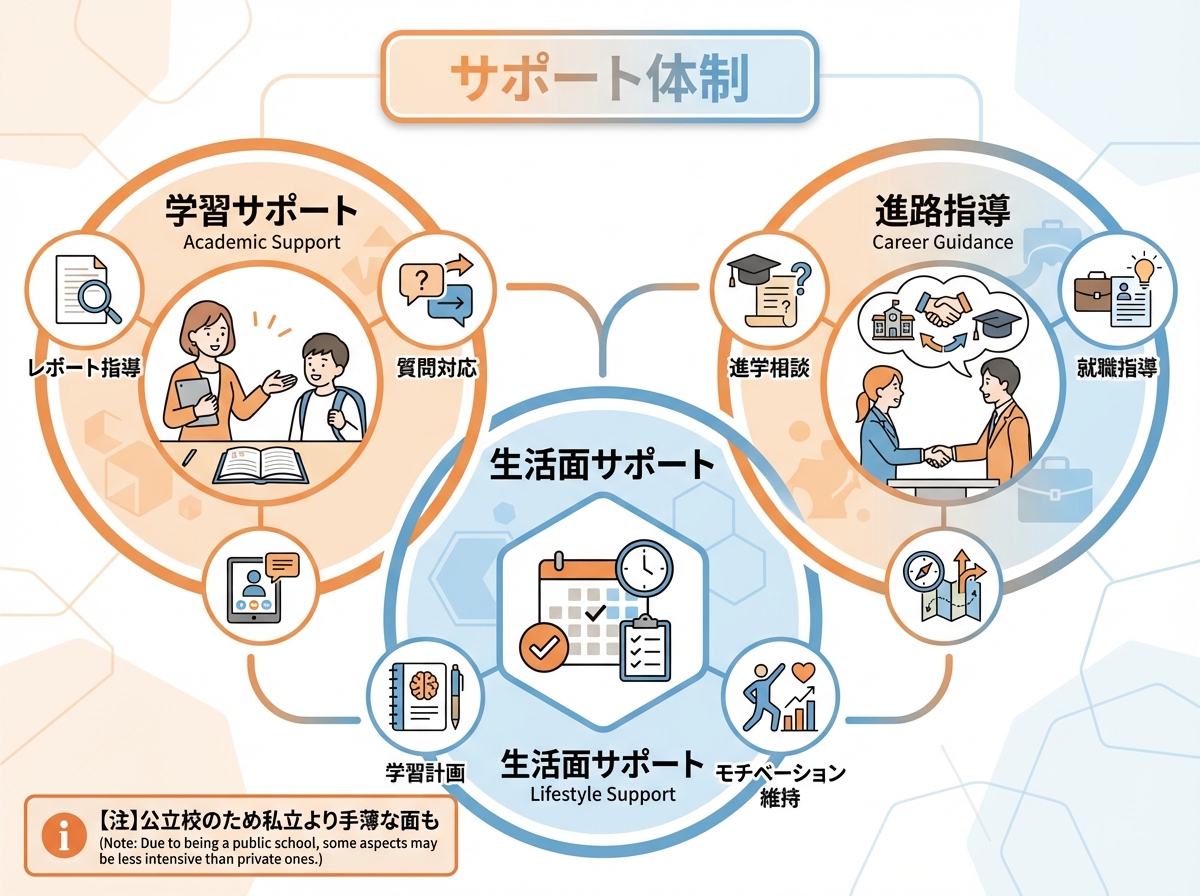 Alt文章: 岩手県立宮古高等学校通信制課程のサポート体制を3つに分類。学習サポート（レポート指導・質問対応）、生活面サポート（学習計画・モチベーション維持）、進路指導（進学相談・就職指導）。公立のため私立より手薄な面もあることを注記。

