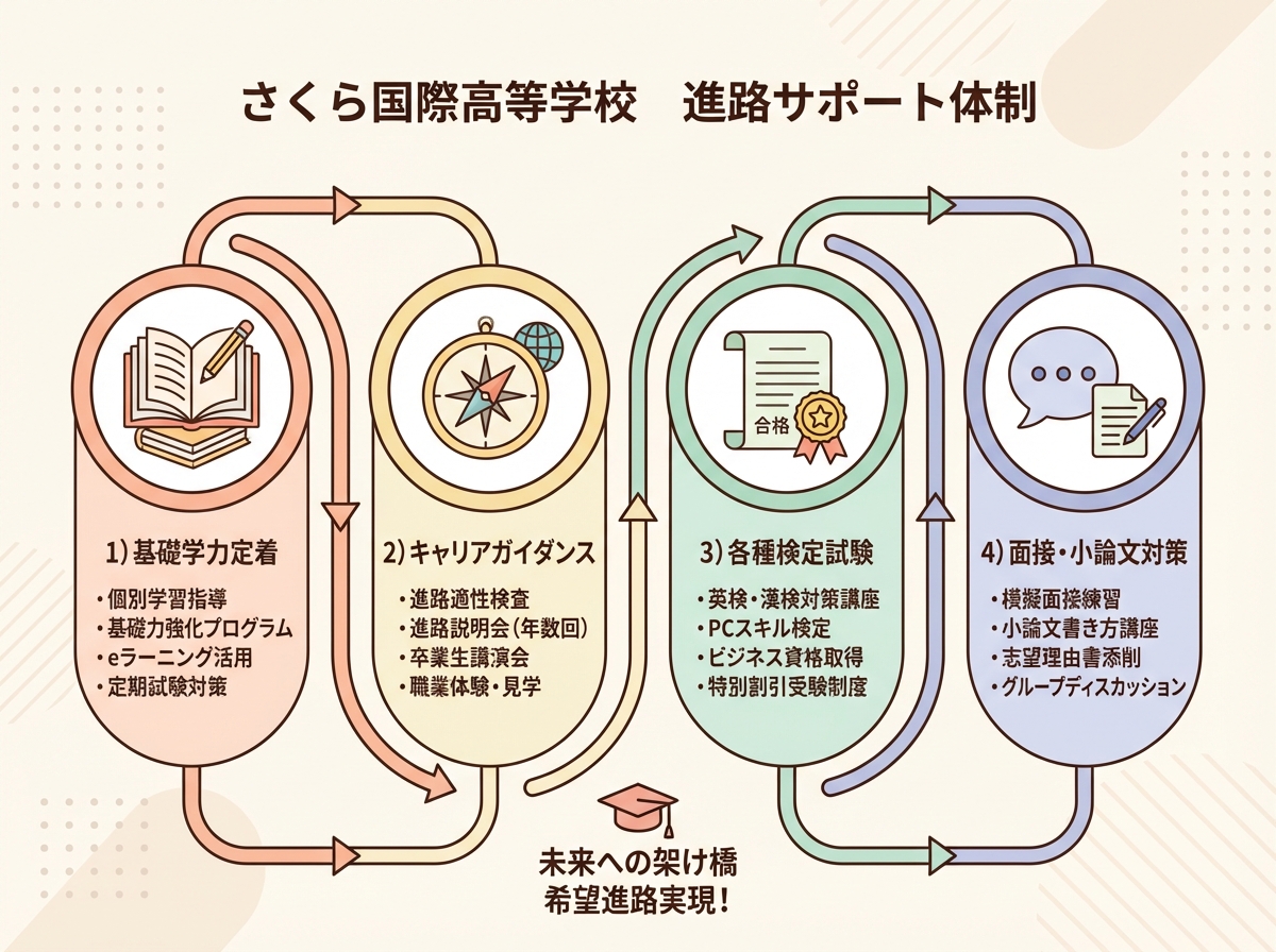 さくら国際高等学校の進路サポート体制インフォグラフィック。基礎学力定着、キャリアガイダンス、各種検定試験、面接・小論文対策の4つの柱を図解