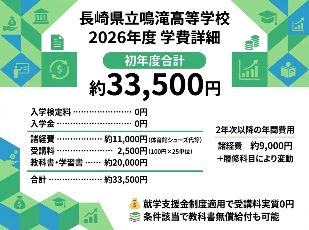 長崎県立鳴滝高等学校2026年度の学費詳細を示すインフォグラフィック。初年度合計約33,500円で、内訳は入学検定料・入学金0円、諸経費約11,000円、受講料2,500円(100円×25単位)、教科書・学習書約20,000円。2年次以降は諸経費約9,000円に履修科目により変動。就学支援金制度適用で受講料実質0円、条件該当で教科書無償給付も可能