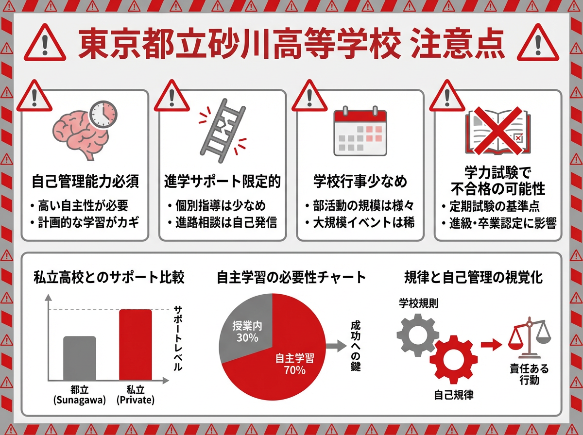 東京都立砂川高等学校入学前に確認すべき注意点を警告アイコンで示したインフォグラフィック。自己管理能力必須、進学サポート限定的、学校行事少なめ、学力試験で不合格の可能性という4つの課題を私立校との比較チャートで解説。
