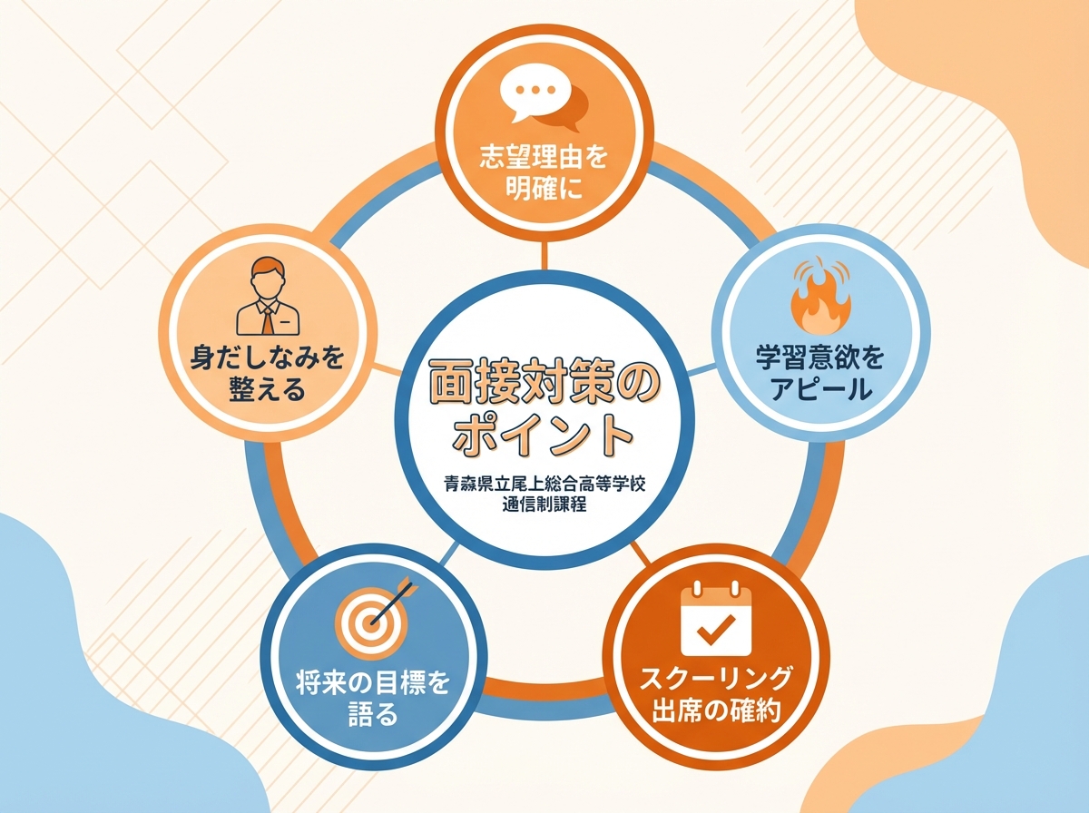 青森県立尾上総合高等学校通信制の面接対策5つのポイントを示すインフォグラフィック。志望理由を明確に、学習意欲のアピール、スクーリング出席の確約、将来の目標、身だしなみの各項目をアイコン付きで解説。
