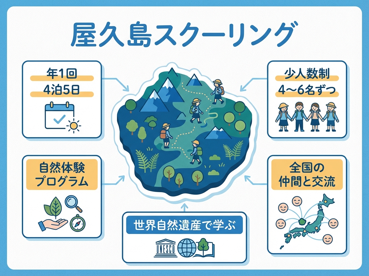 おおぞら高等学院の屋久島スクーリングを示すインフォグラフィック。年1回4泊5日、少人数制4〜6名、自然体験プログラム、世界自然遺産での学びを屋久島のイラストと共に示した青系フラット図解