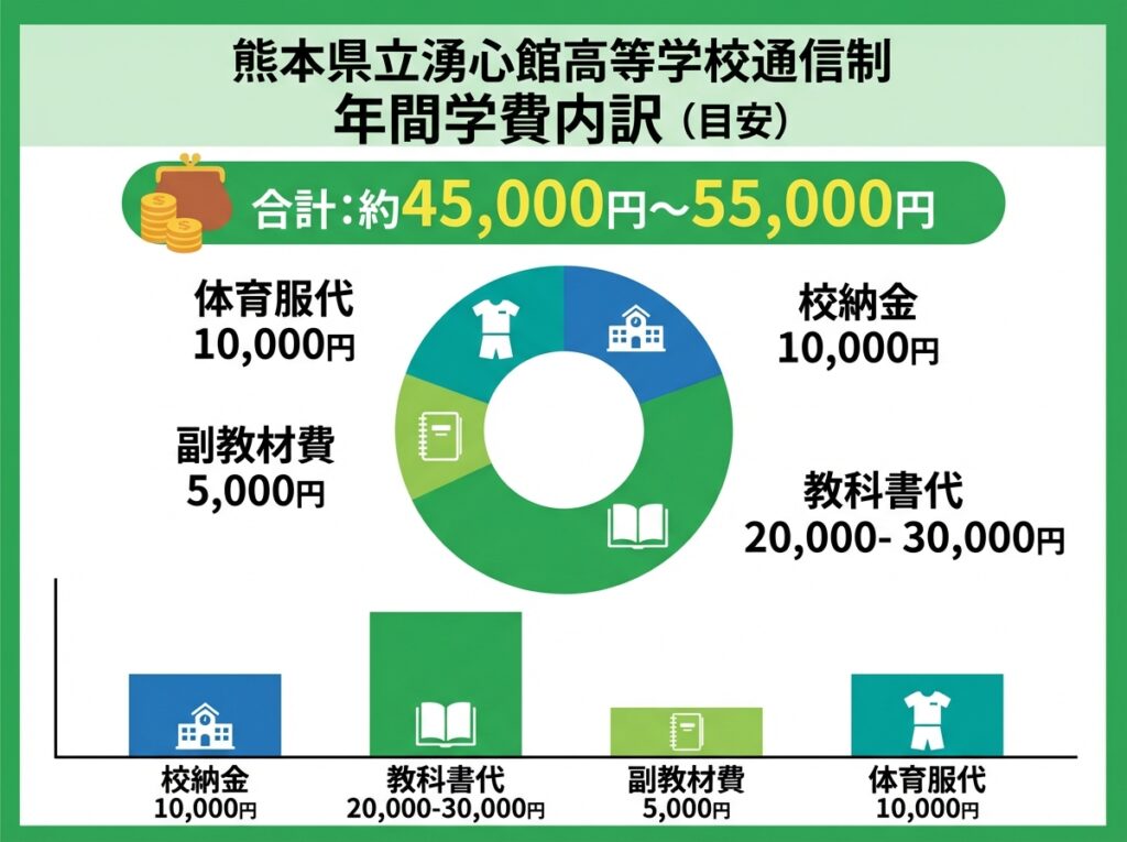熊本県立湧心館高等学校通信制の年間学費内訳を示すインフォグラフィック。校納金1万円、教科書代2〜3万円、副教材費5千円、体育服代1万円の内訳を円グラフと棒グラフで視覚化