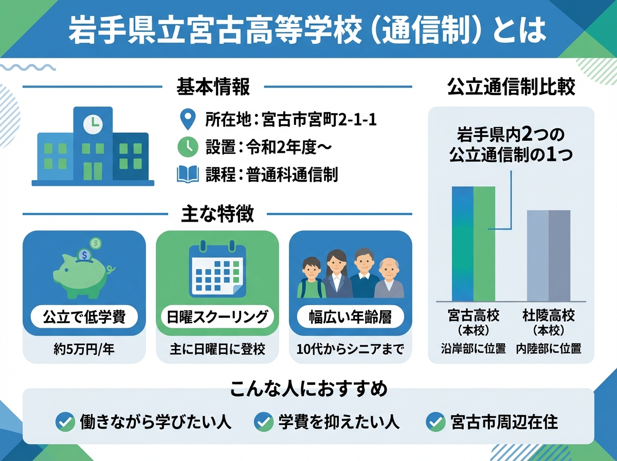岩手県立宮古高等学校通信制課程の概要インフォグラフィック。所在地は宮古市宮町2-1-1、令和2年度設置、普通科通信制。公立で年間約5万円の低学費、日曜スクーリング、幅広い年齢層が学ぶ。岩手県内2つの公立通信制高校の1つ。働きながら学びたい人・学費を抑えたい人・宮古市周辺在住者に最適。