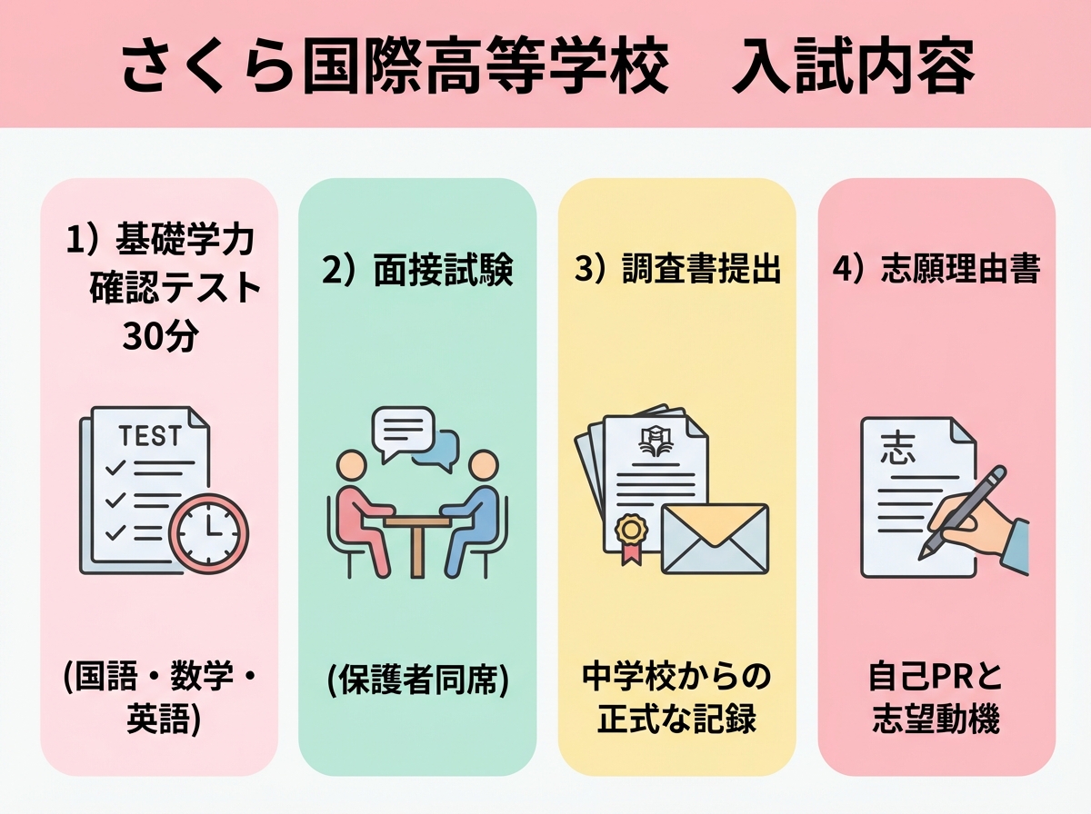 さくら国際高等学校の入試内容インフォグラフィック。基礎学力確認テスト30分、面接試験、調査書提出、志願理由書の4項目を視覚的に説明
