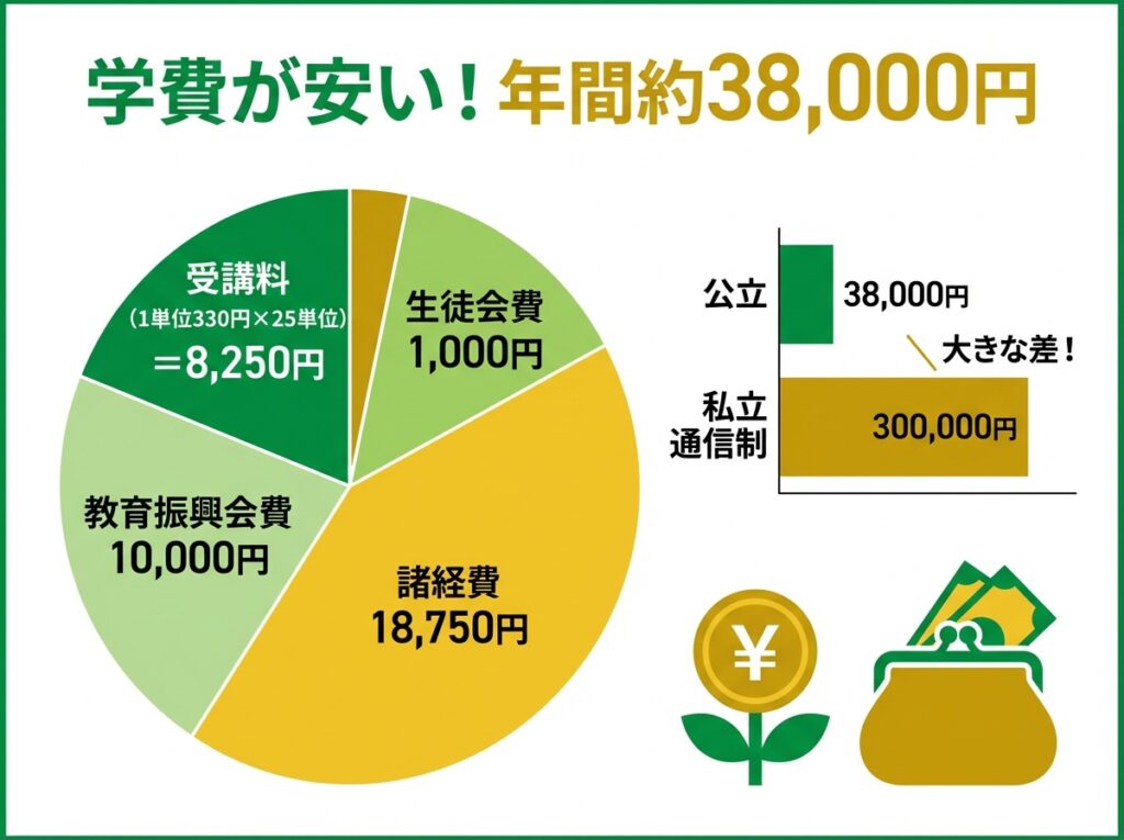 秋田県立秋田明徳館高等学校の学費年間約38,000円、公立と私立通信制高校の学費比較、受講料・諸経費の内訳を示すインフォグラフィック
