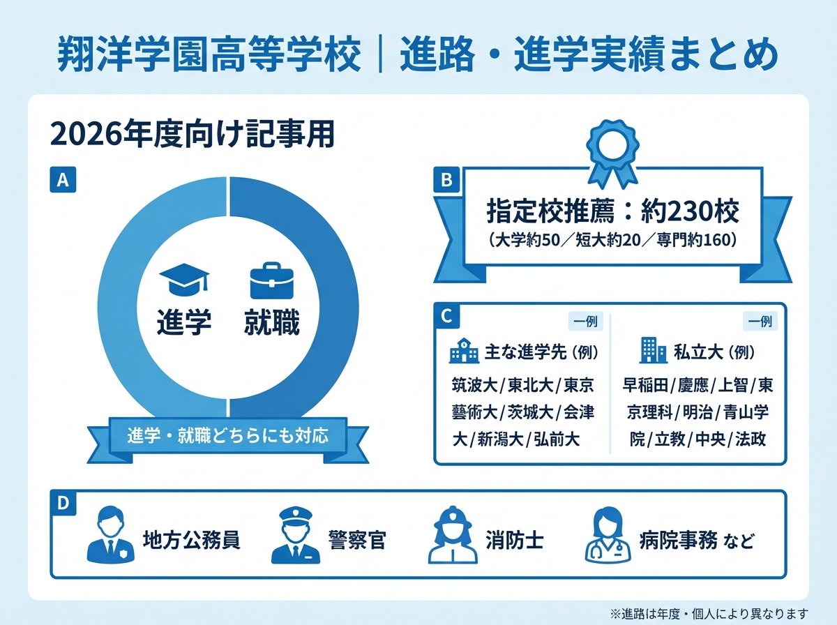 翔洋学園高等学校の進路・進学実績をまとめた青系フラットデザインのインフォグラフィック。進学・就職どちらにも対応、指定校推薦は約230校（大学約50・短大約20・専門約160）。進学先例（筑波大、東北大、東京藝術大、茨城大、会津大、新潟大、弘前大）と私立大例（早稲田、慶應、上智、東京理科、明治、青山学院、立教、中央、法政）、就職例（地方公務員、警察官、消防士、病院事務など）を掲載。