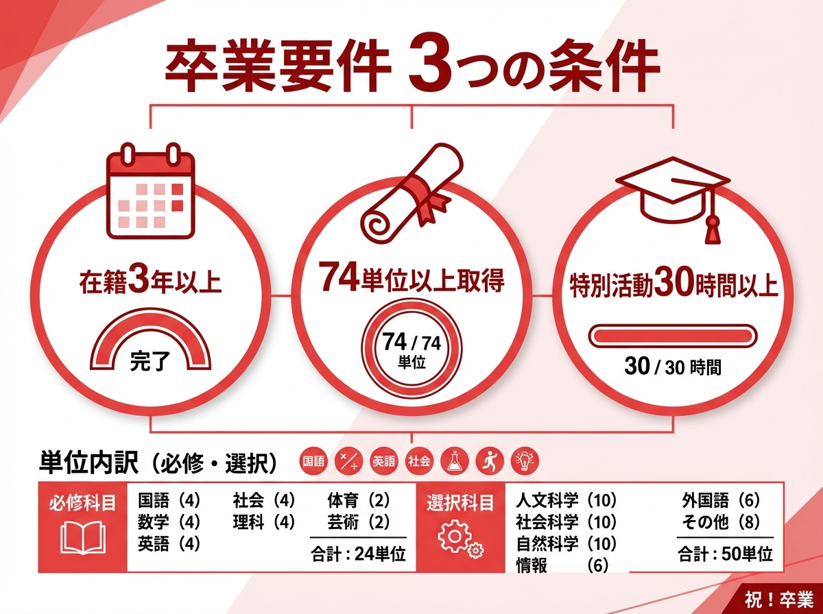 通信制高校の卒業要件を示すインフォグラフィック。在籍3年以上、74単位以上取得、特別活動30時間以上の3つの条件がバッジデザインで表示され、進捗メーターや必修科目・選択科目の詳細が記載されている。赤と白の配色で卒業証書や卒業帽のアイコン付き。