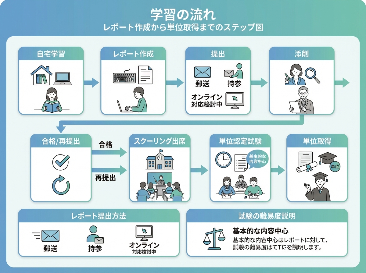 群馬県立高崎高等学校(通信制)の学習の流れインフォグラフィック。自宅学習からレポート作成、提出、添削、スクーリング出席、単位認定試験、単位取得までのステップ図と、レポート提出方法、試験の難易度説明を青と緑の配色で表示
