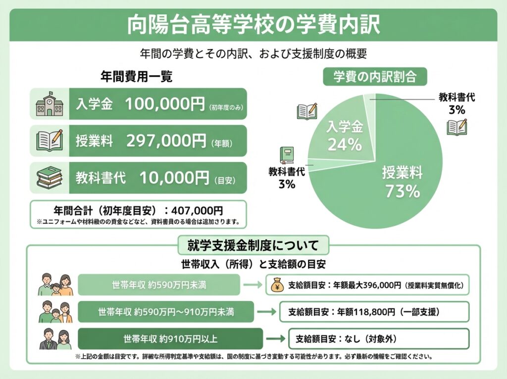 向陽台高等学校の学費内訳を示すインフォグラフィック。入学金10万円、授業料29.7万円、教科書代など詳細費用と就学支援金制度を図解