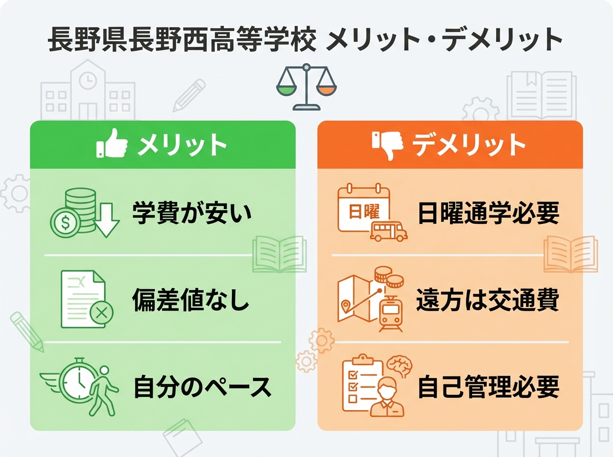 長野県長野西高等学校のメリット・デメリットを比較したインフォグラフィック。メリットは学費が安い・偏差値なし・自分のペース、デメリットは日曜通学必要・遠方は交通費・自己管理必要