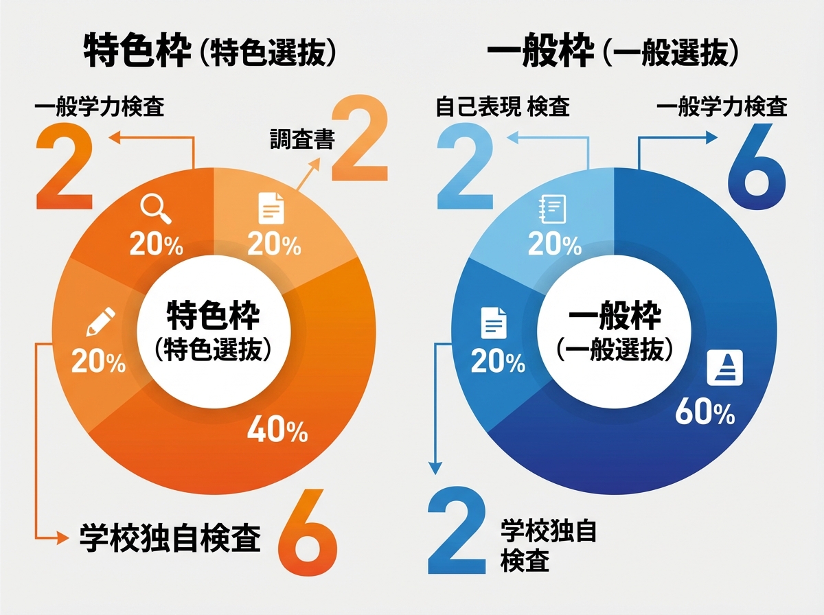 広島立広島みらい創生高校の入試制度比較インフォグラフィック。特色枠(学力検査2:調査書2:自己表現2:独自検査6)と一般枠(学力検査6:調査書2:自己表現2:独自検査2)の配点比率を円グラフで図解。オレンジとブルーで数字を強調。