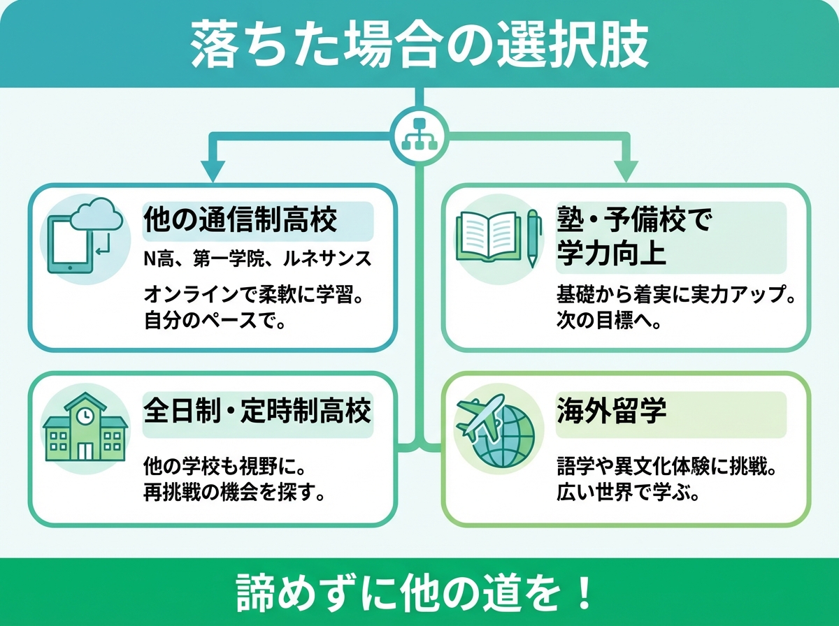 クラーク記念国際高等学校に不合格になった場合の選択肢を示すインフォグラフィック。他の通信制高校、全日制・定時制高校、塾・予備校、海外留学の4つの道を提案