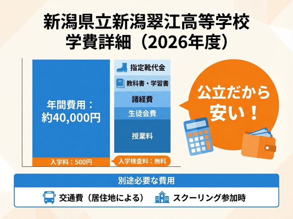 新潟県立新潟翠江高等学校2026年度の学費内訳を示すインフォグラフィック。入学料500円、年間費用約40,000円、入学検査料無料。授業料、生徒会費、諸経費、教科書代、指定靴代金を含む。別途交通費が必要であることも記載。公立だから安いことを強調。