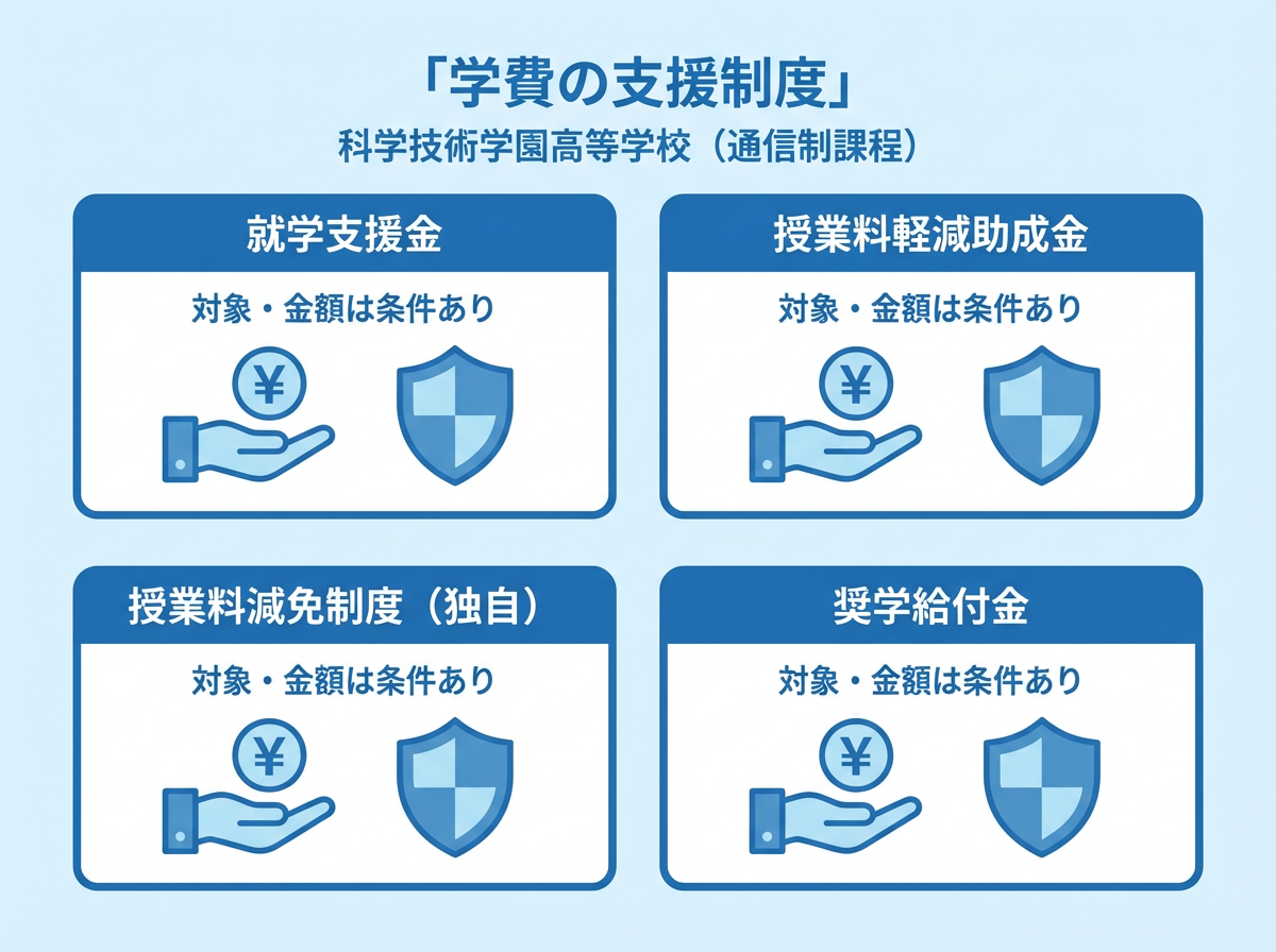 科学技術学園高等学校(通信制課程)の学費負担を軽減する支援制度(就学支援金、授業料軽減助成金、独自の授業料減免制度、奨学給付金)をカード型で示した青系フラット図